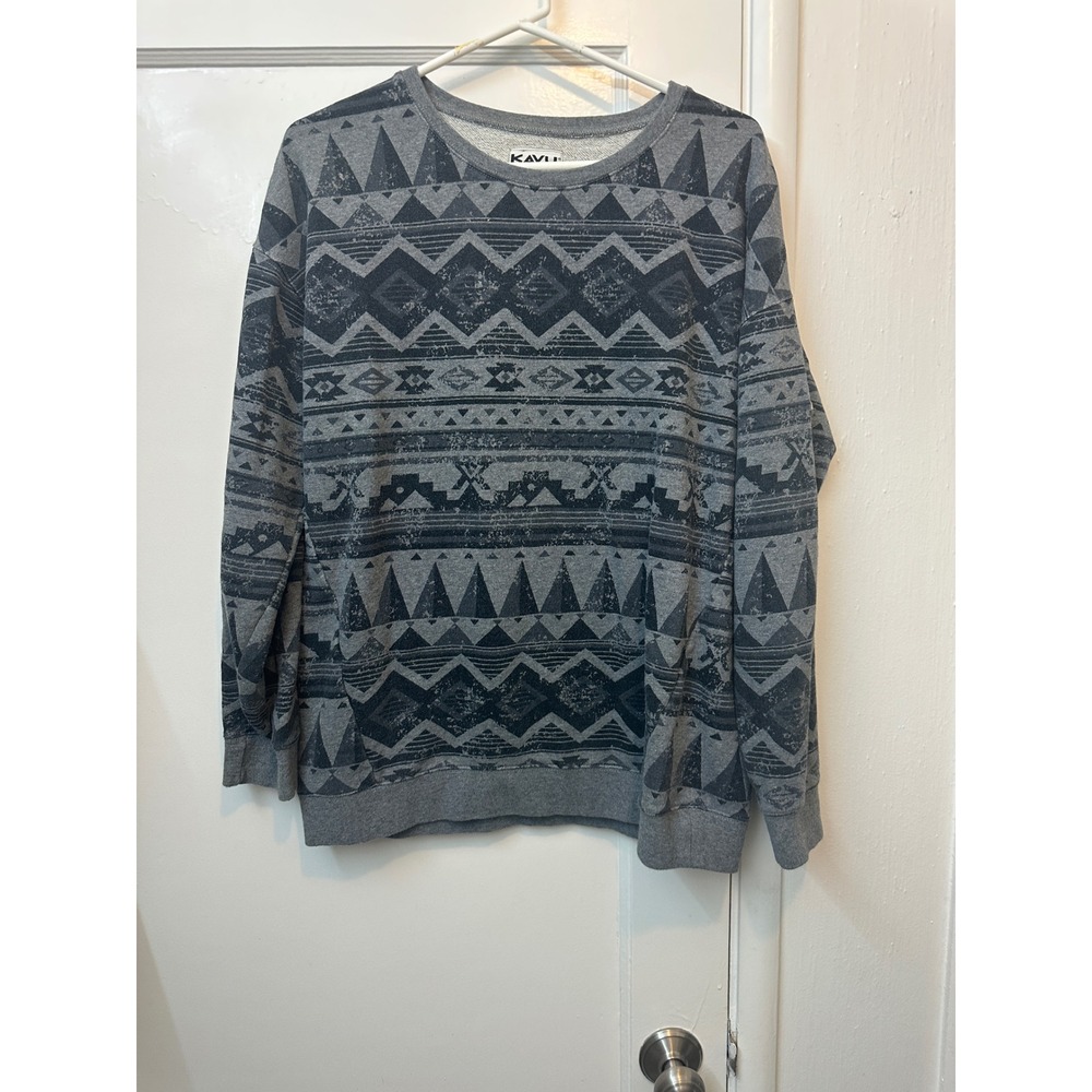 KAVU Mens Grey Aztec Geometric Print Cotton French Terry Sweatshirt Medium